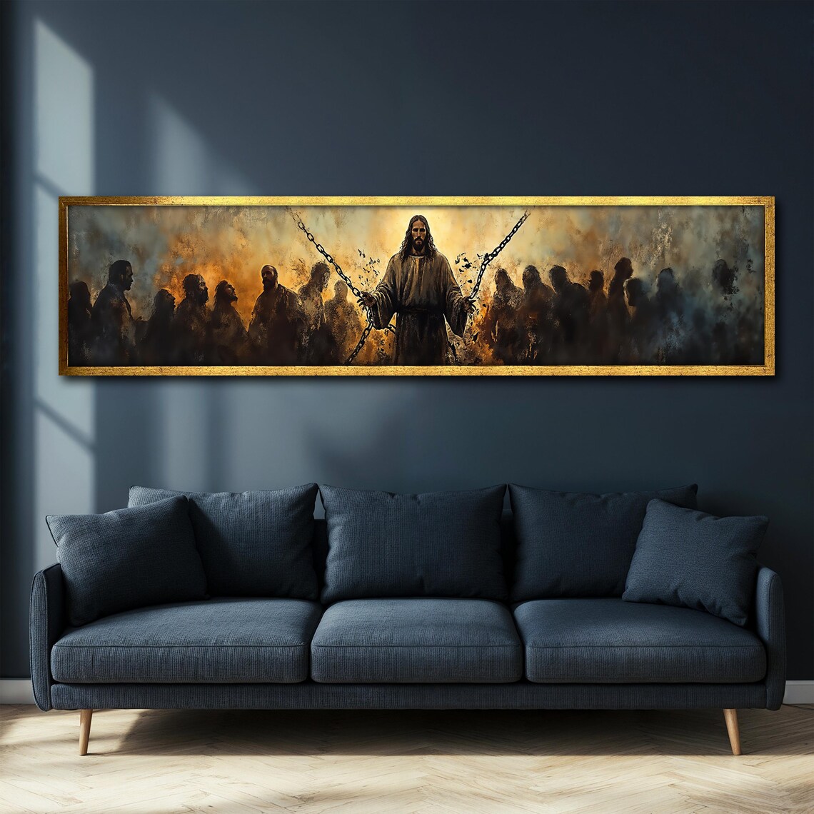 Jesus Breaking Chains Golden Light Panoramic Religious Redemption Poster