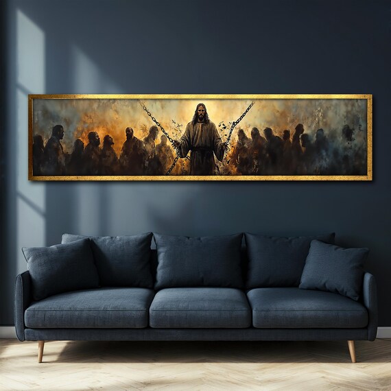 Jesus Breaking Chains Golden Light Panoramic Religious Redemption Poster
