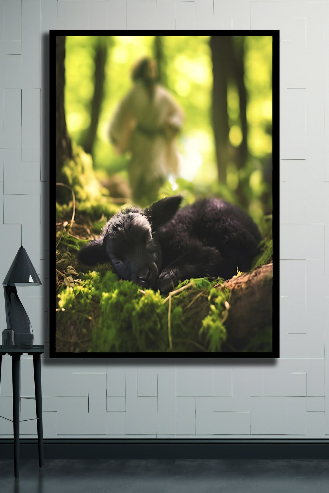 Lost Lamb and Jesus in Sunlit Forest Christian Shepherd Art Print - Image 2