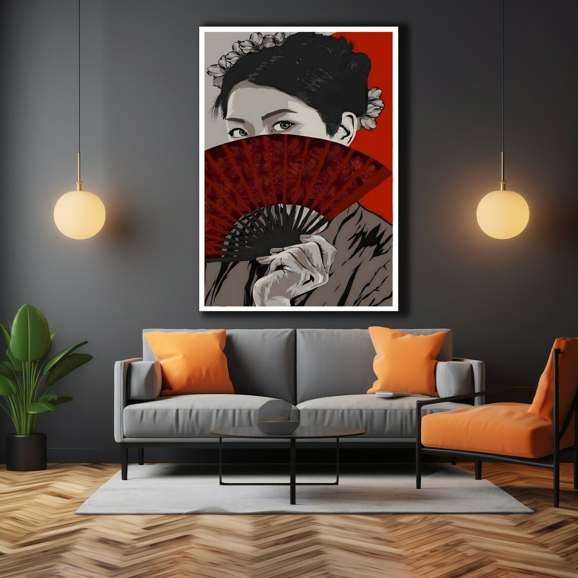 Geisha Woman with Red Fan Bold Red and Black Pop Style Art Poster - Image 3