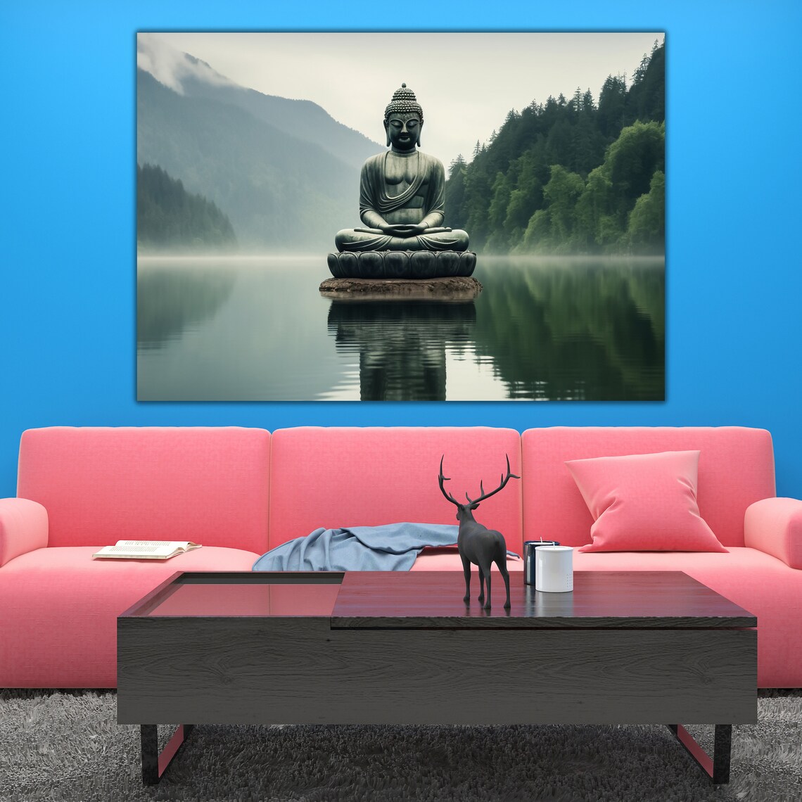 Buddha Statue Meditating Lotus Lake Misty Mountain Zen Calm Water Poster - Image 2