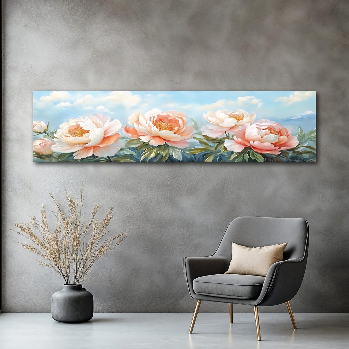 Soft Pink Peonies Under Blue Sky Panoramic Floral Wall Art Poster - Image 2