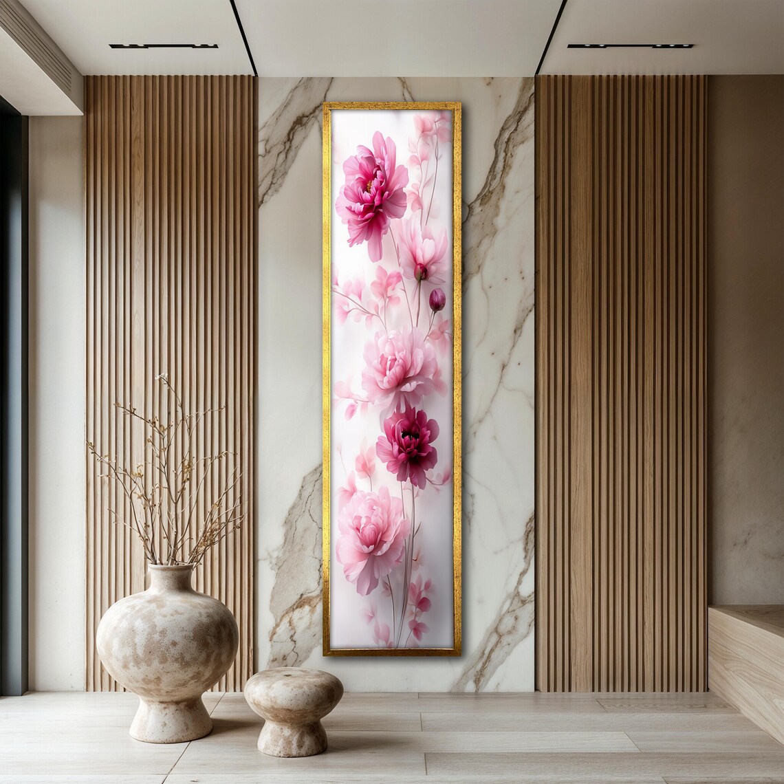 Pink Peony Flower Blossoms Watercolor Vertical Floral Wall Art Poster