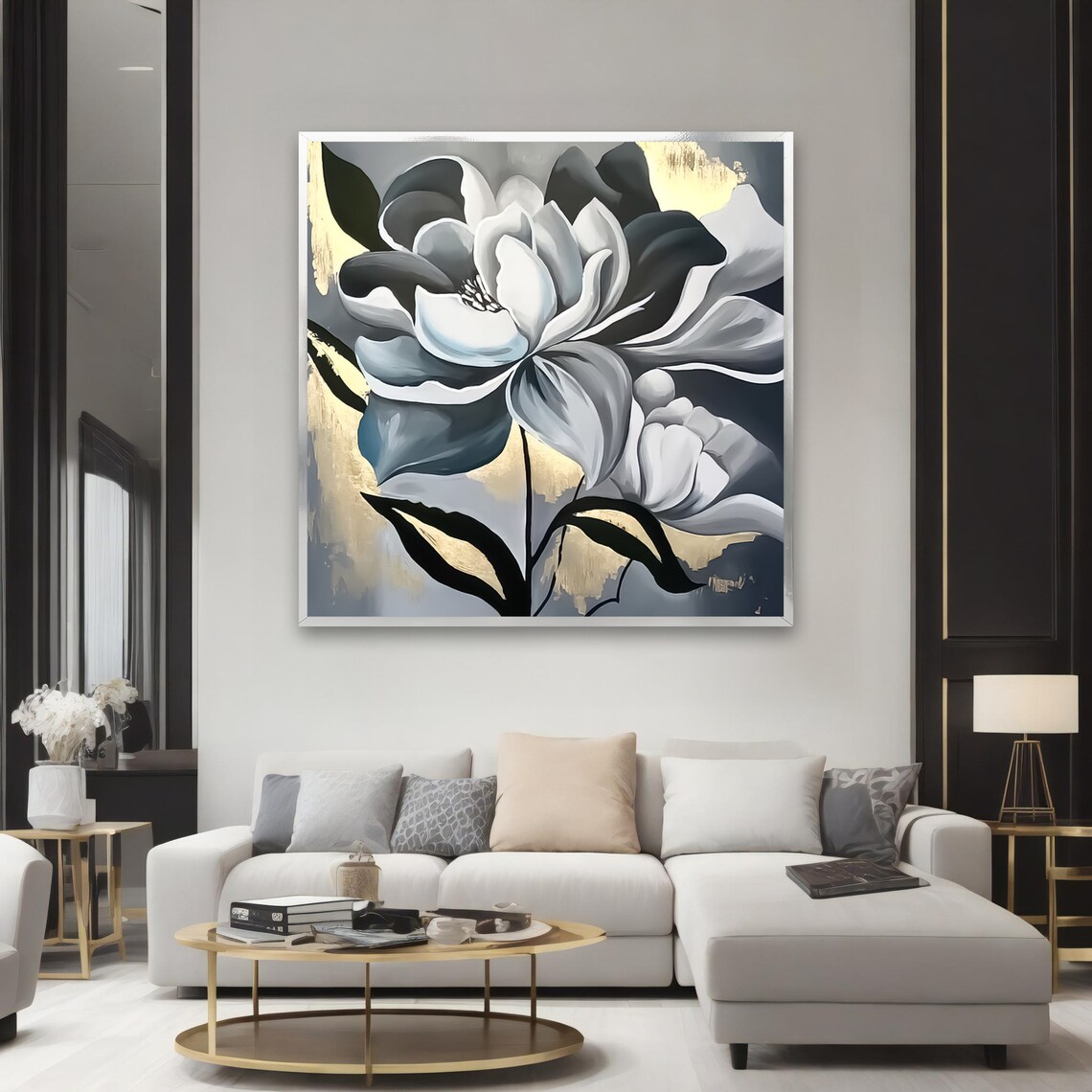 Black And White Floral Gold Accent Magnolia Painting Wall Art - Image 2
