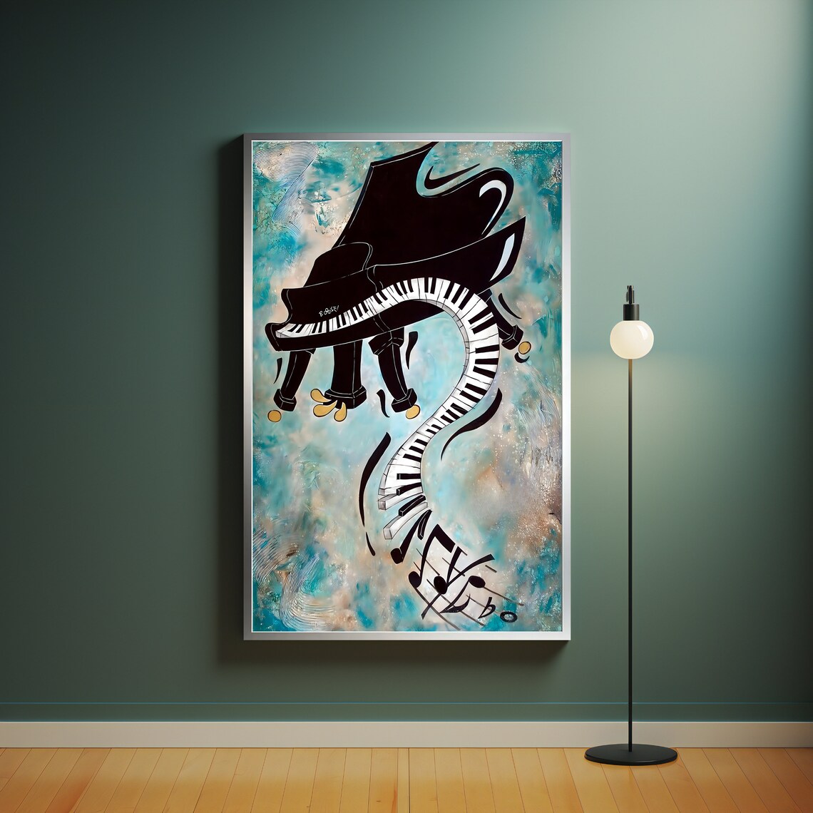 Surreal Melting Grand Piano Keyboard Music Notes Turquoise Art Poster - Image 4