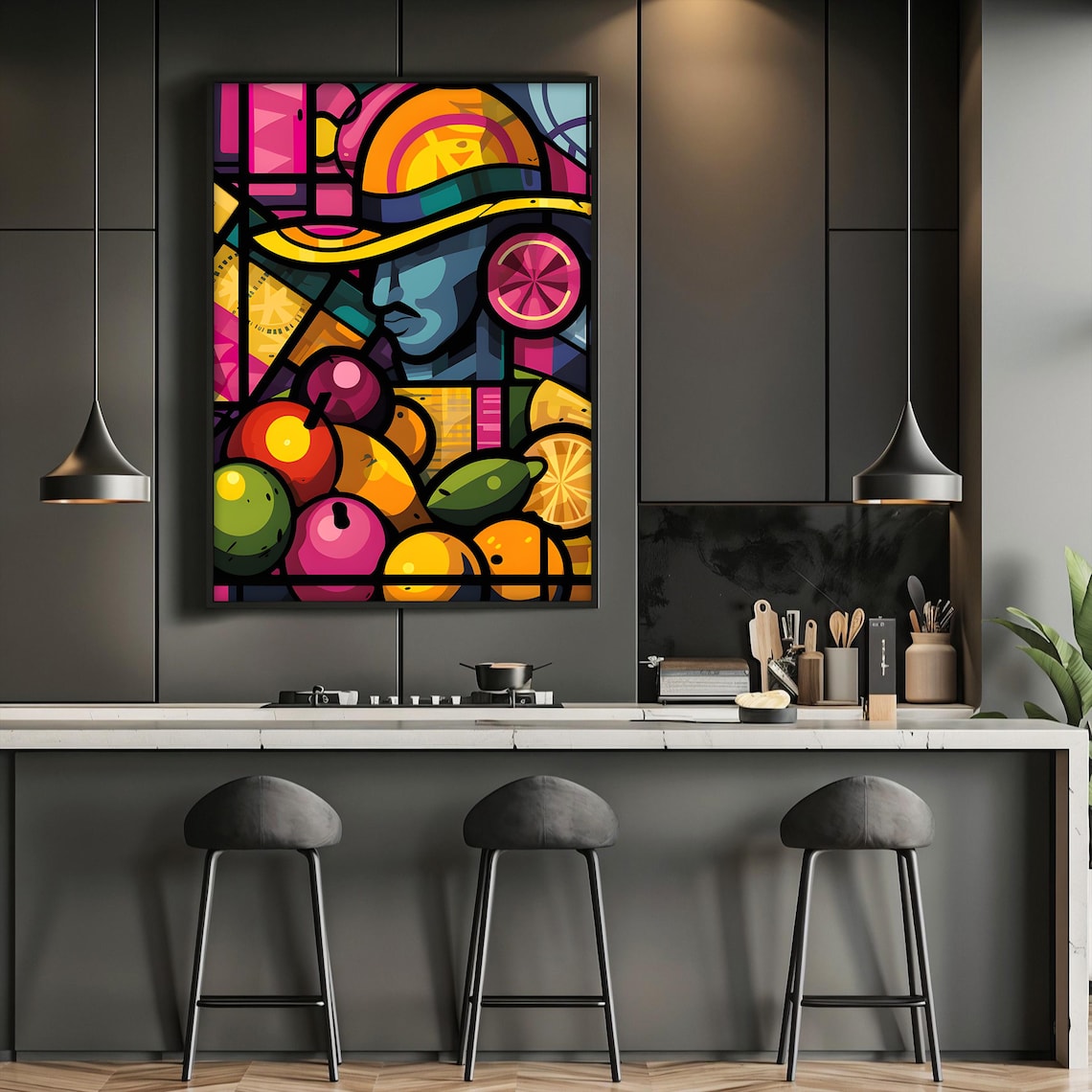 Stained Glass Man With Citrus Fruits Colorful Modern Fruit Art Poster