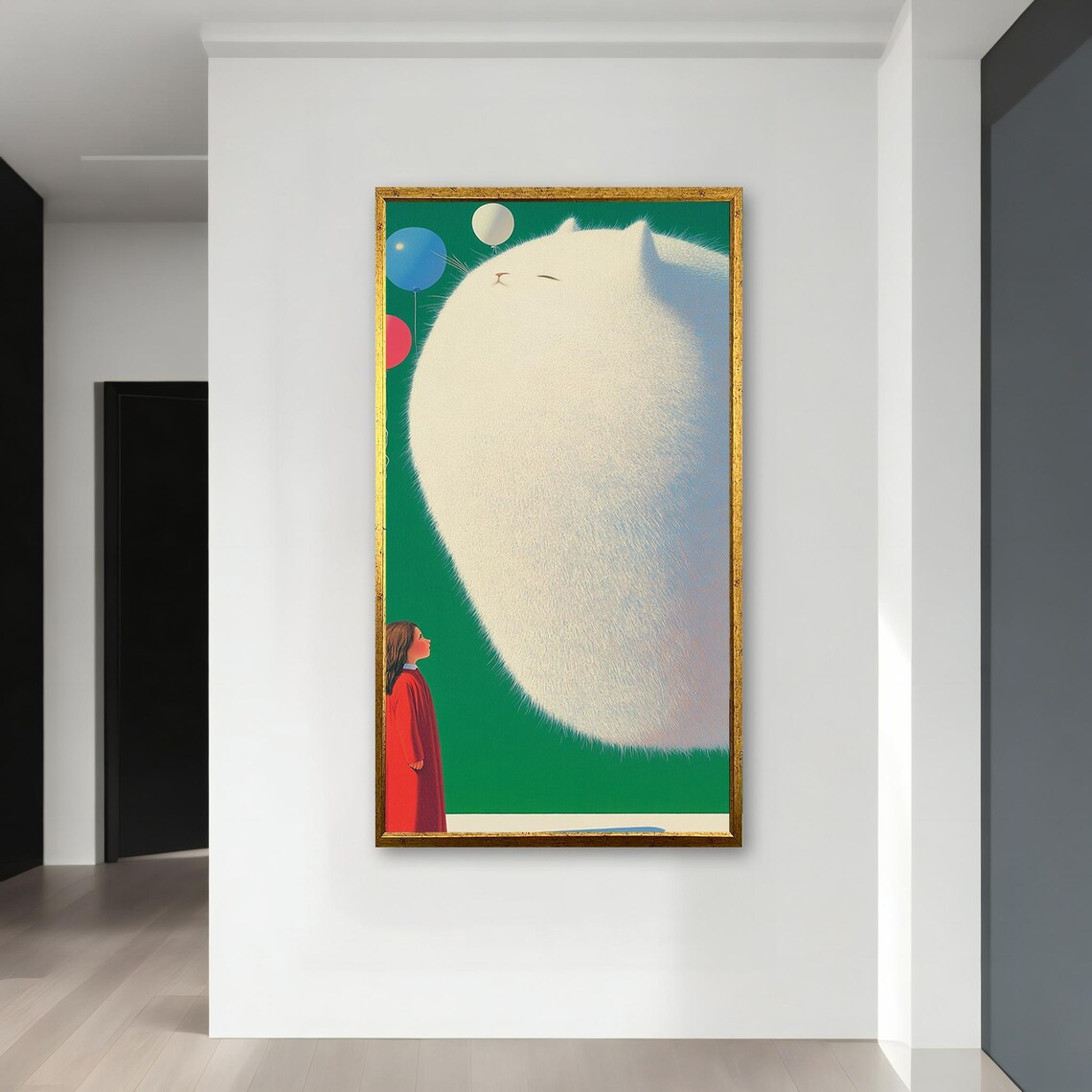 Giant Fluffy White Cat With Girl And Balloons Whimsical Surreal Art Poster - Image 4