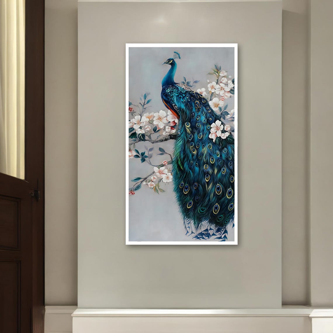 Elegant Peacock Perched on Cherry Blossom Branch Floral Art Poster - Image 2