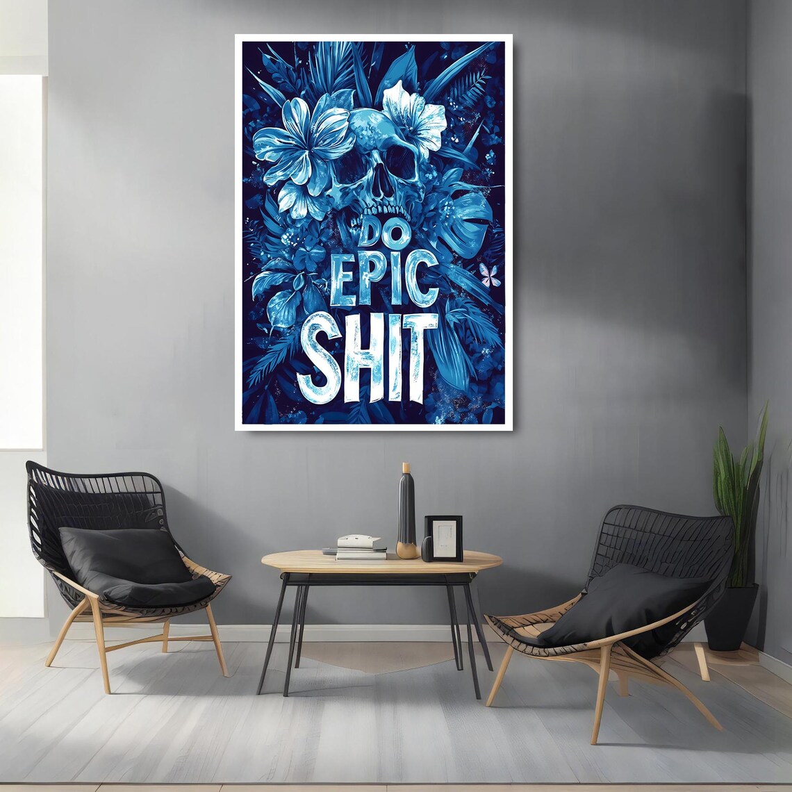 Blue Floral Skull Do Epic Shit Motivational Quote Wall Art Poster - Image 2