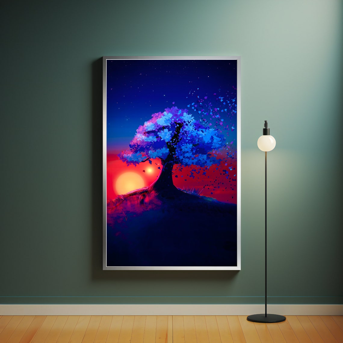 Lone Blue Tree Red Sunset Starry Night Surreal Nature Poster - Image 4