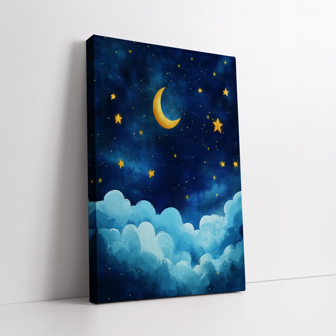 Moon and Stars Night Sky Watercolor Dreamy Blue Clouds Nursery Poster - Image 2