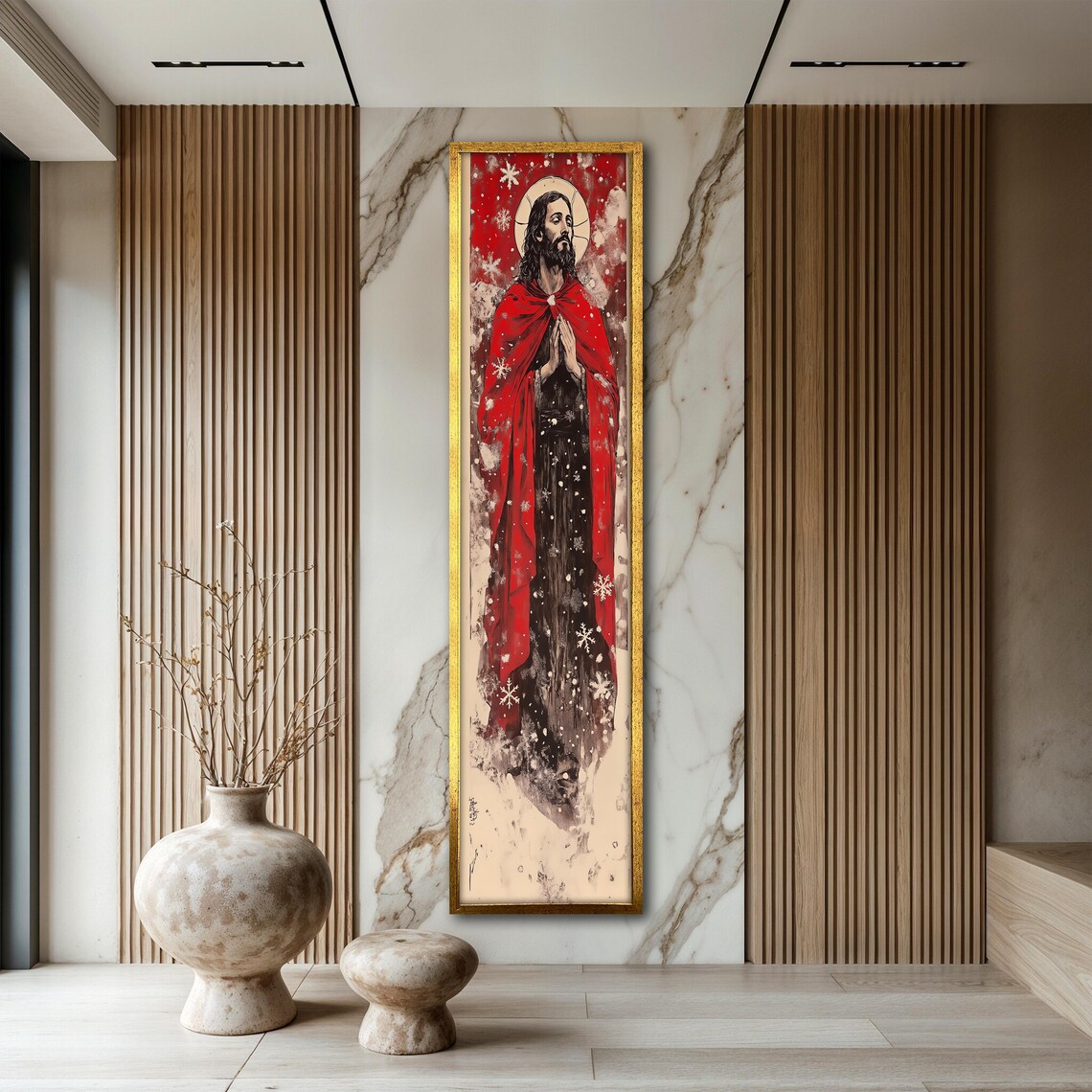 Jesus Praying Red Cloak Snowfall Halo Faith Narrow Christian Wall Poster
