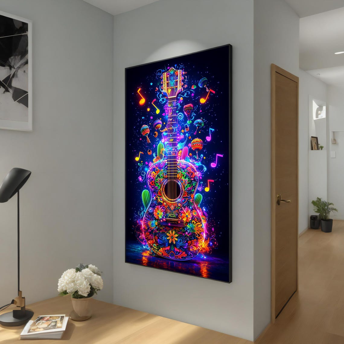 Neon Floral Guitar Mexican Style Colorful Musical Notes Vibrant Poster