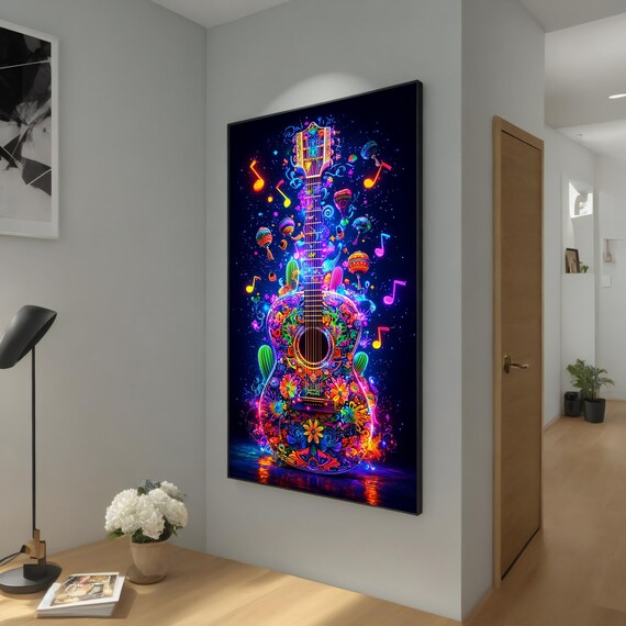 Neon Floral Guitar Mexican Style Colorful Musical Notes Vibrant Poster