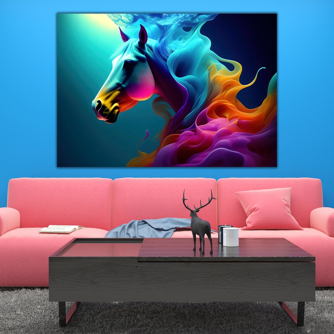 Neon Horse Head Rainbow Smoke Colorful Digital Abstract Art Poster - Image 2