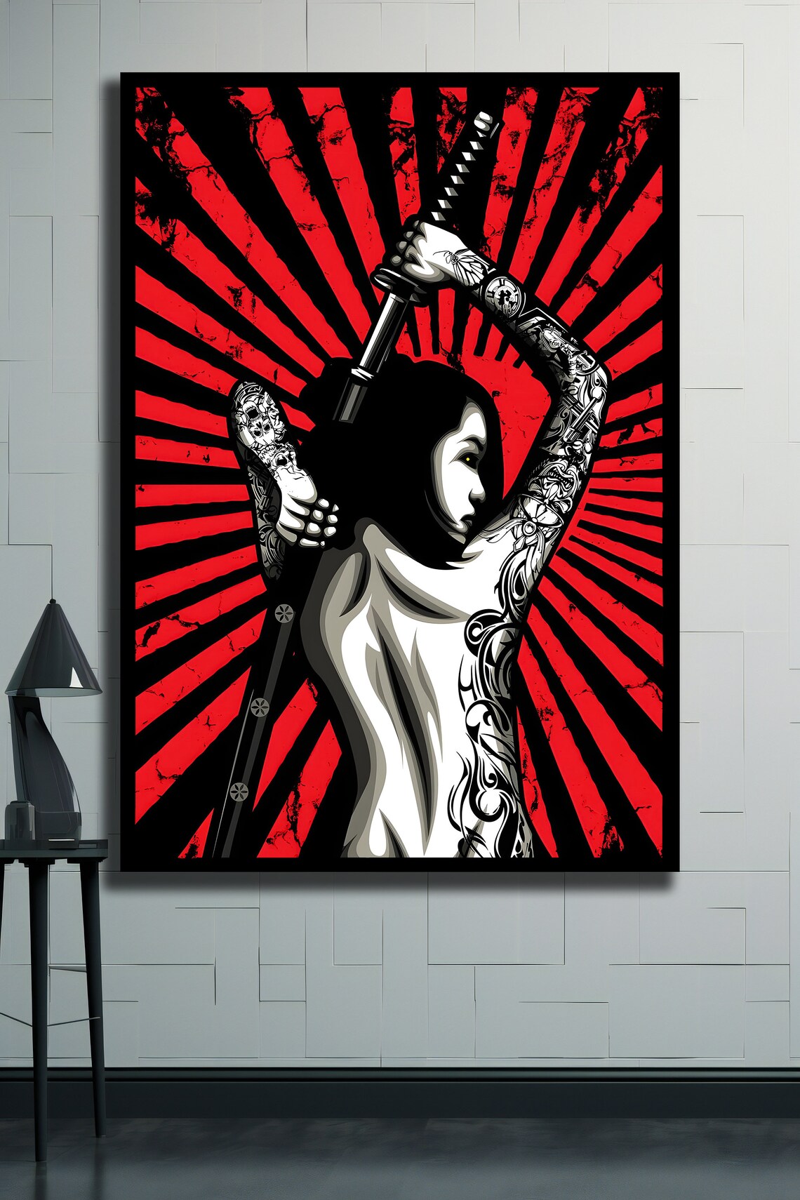 Japanese Samurai Girl With Katana Red Rising Sun Tattoo Art Print - Image 2