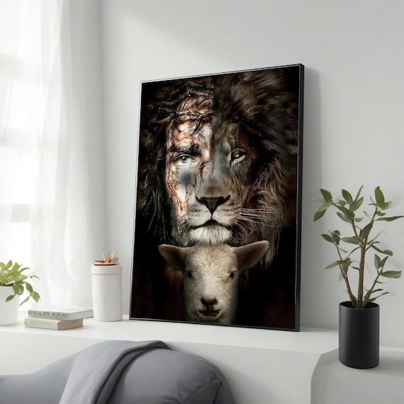 Jesus Lion Lamb Religious Art Faith Inspired Wall Print Poster