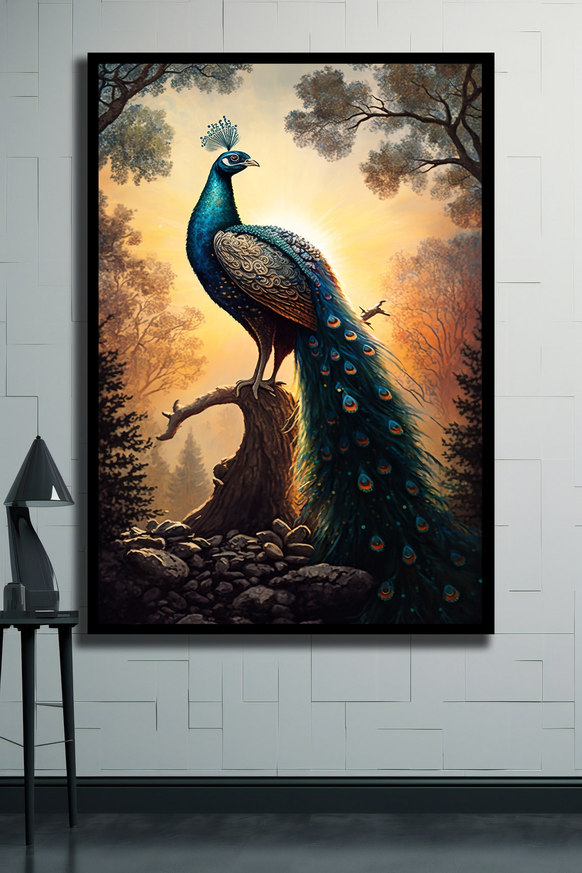 Blue Peacock Perched On Forest Branch Golden Sunset Animal Art Poster - Image 2