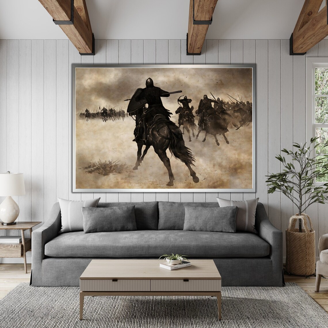 Epic Battle Charging Horses Knights Warriors Sepia War Art Wall Poster - Image 4