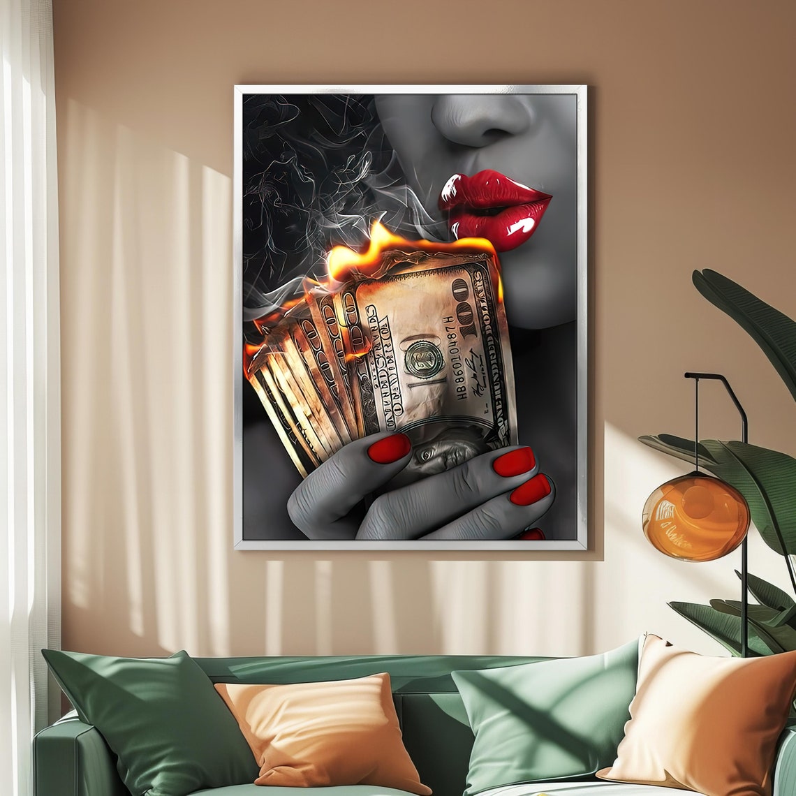 Stylish Print Artwork Room Decor Red Lipstick Burning Moneys Black And White Luxury Home Decor Piece Gift Idea - Image 2