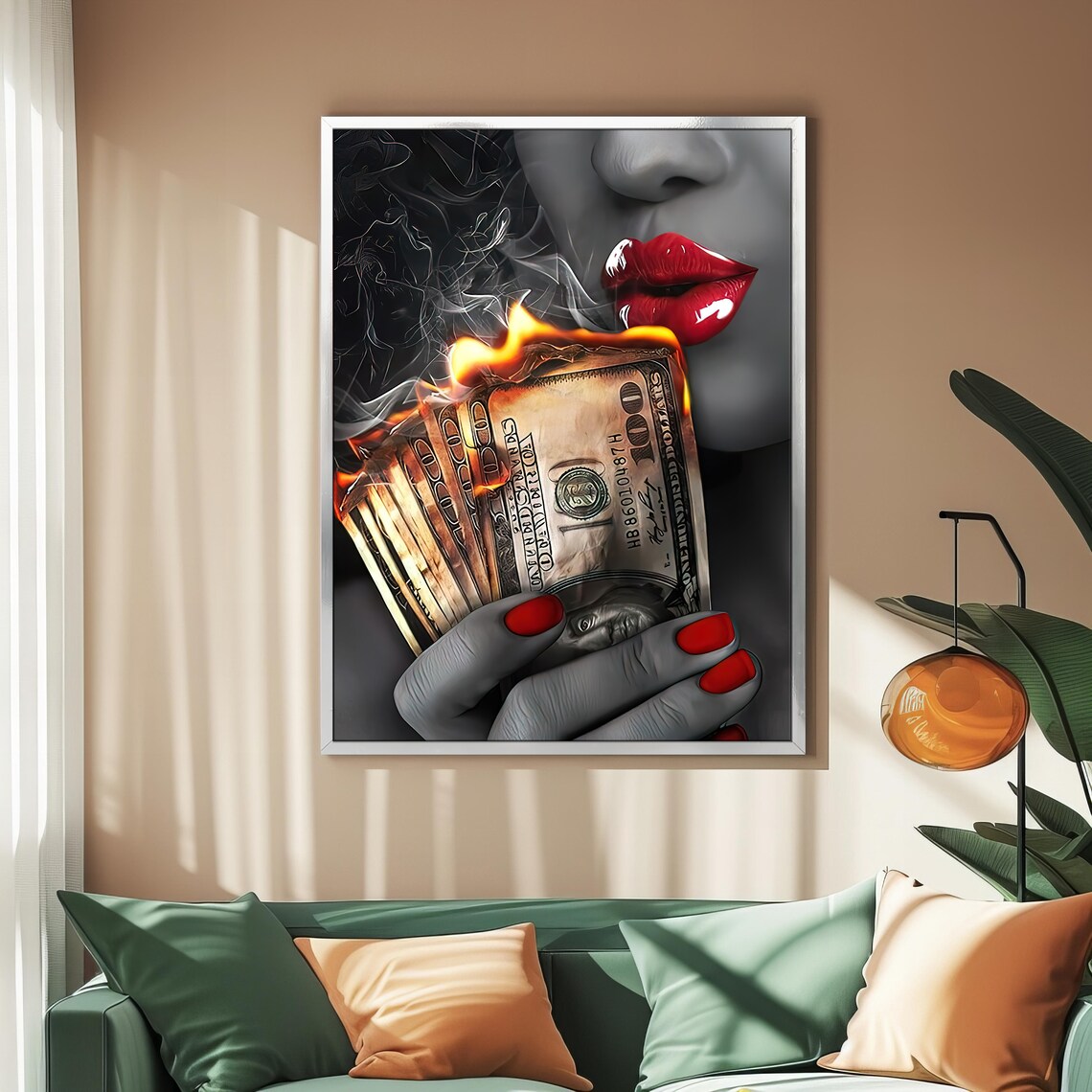 Woman With Red Lips Kissing Burning Money Luxury Pop Art Wall Poster - Image 2