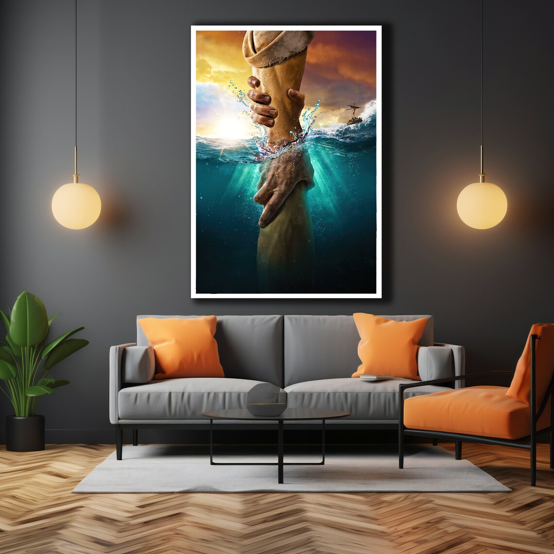 Jesus Reaching Hand Over Stormy Sea Christian Faith Wall Art Poster - Image 3