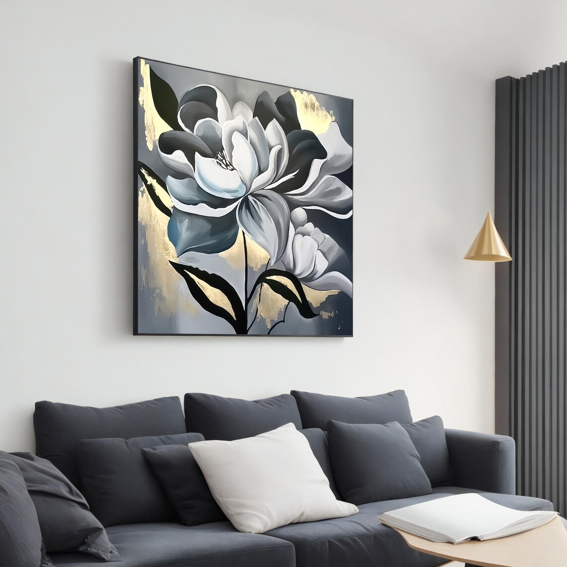 Black And White Floral Gold Accent Magnolia Painting Wall Art