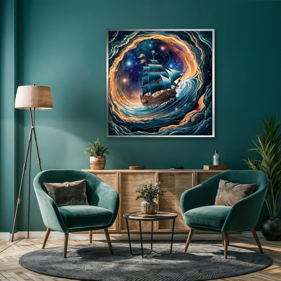 Surreal Tall Ship Sailing Through Starry Cosmic Whirlpool Fantasy Poster - Image 3