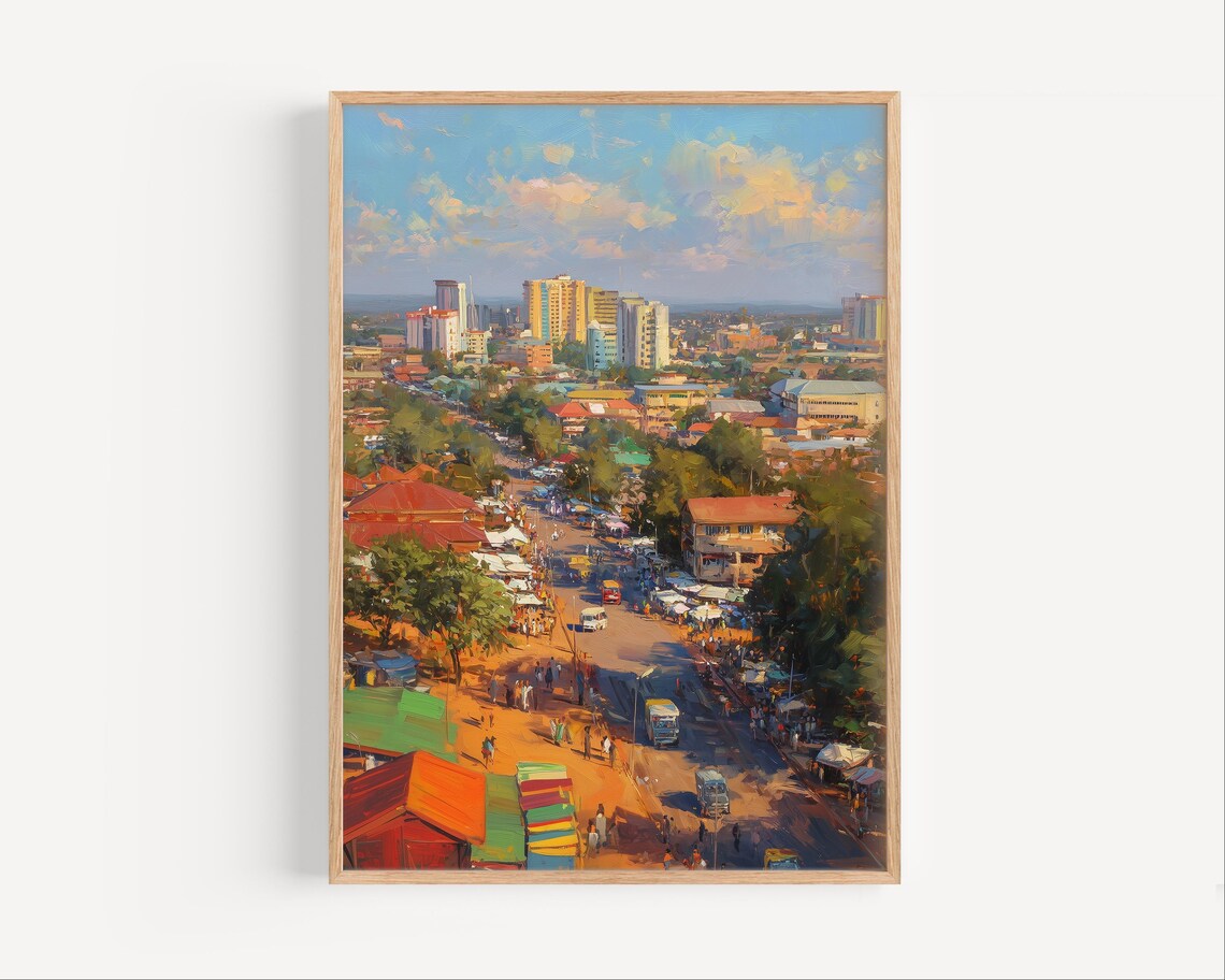 Lusaka Zambia Aerial Cityscape Market Street Colorful Oil Painting Poster