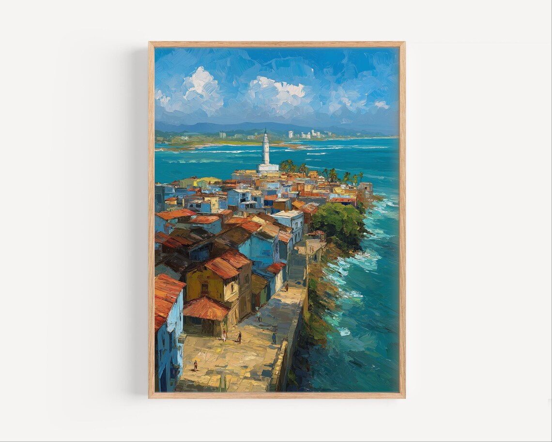 Colorful Coastal Old Town with Lighthouse Oil Painting Style Poster