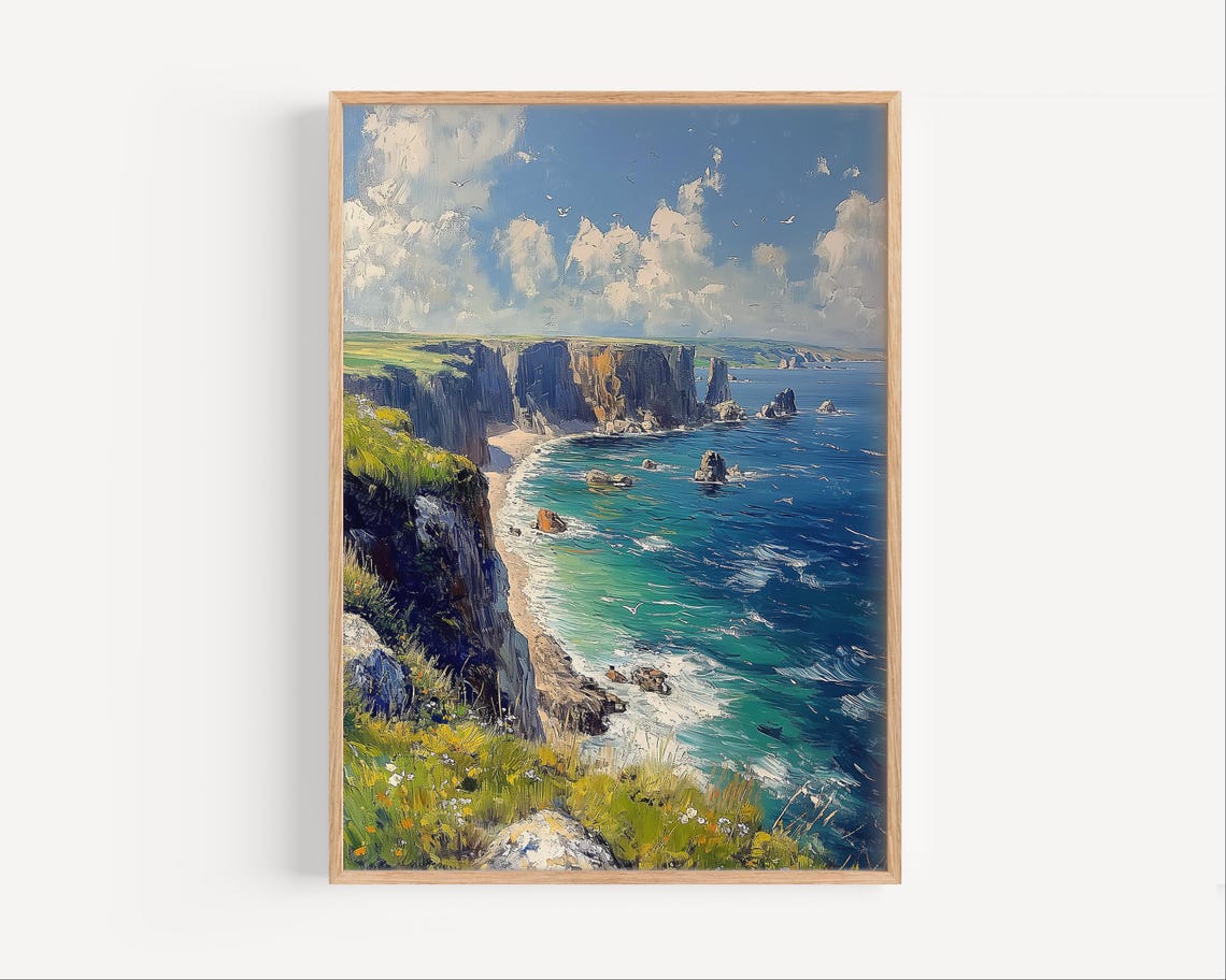 Cornwall England Sea Cliffs Turquoise Waves Coastal Art Poster