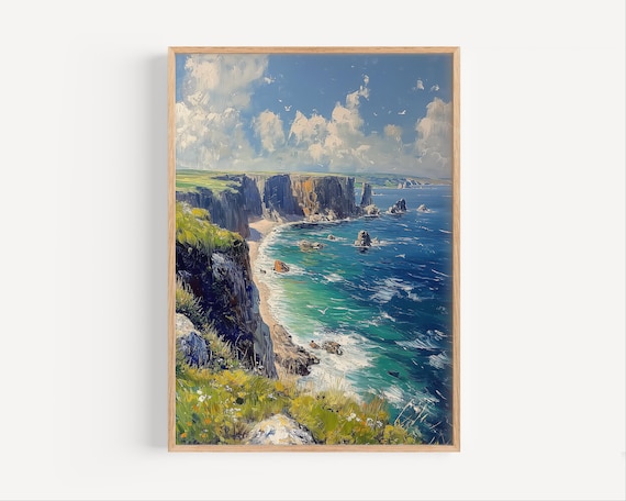Cornwall England Sea Cliffs Turquoise Waves Coastal Art Poster