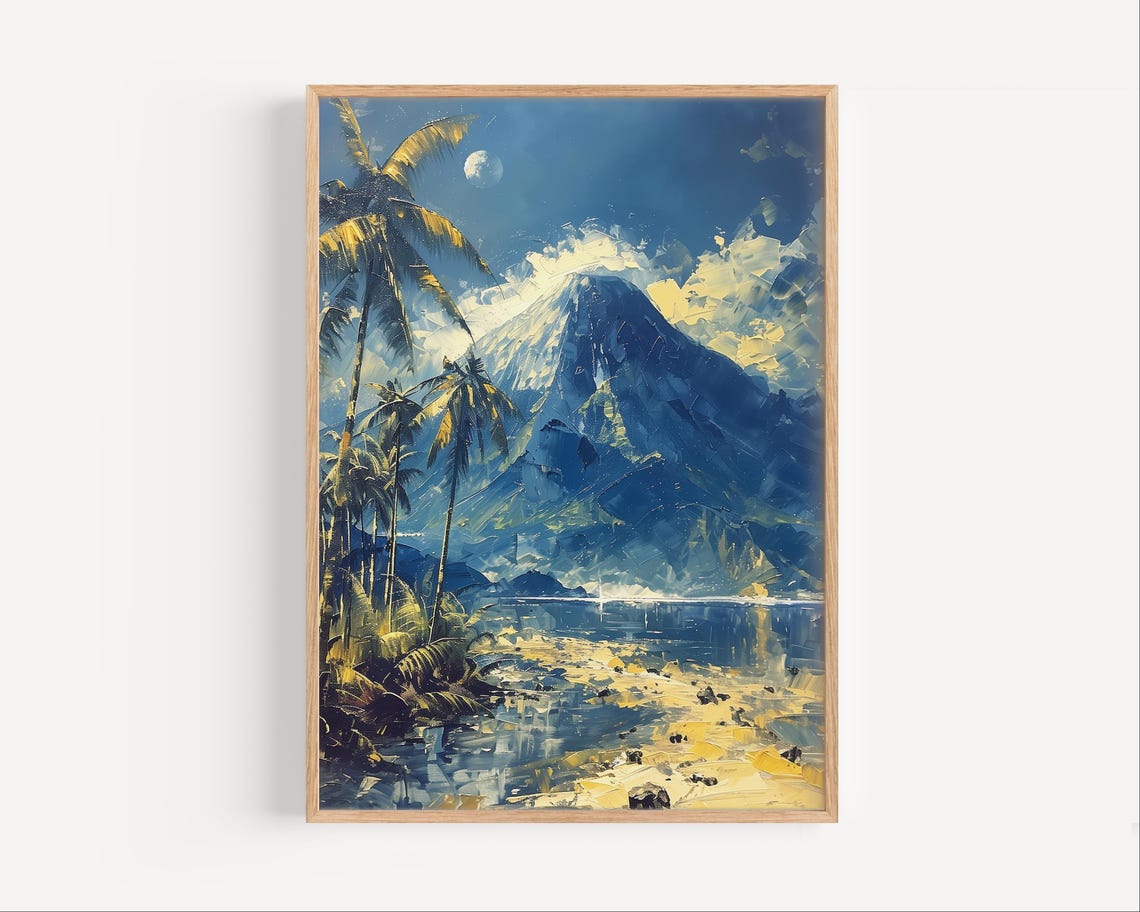 Mount Mayon Volcano Moonlit Night Palm Trees Tropical Oil Poster