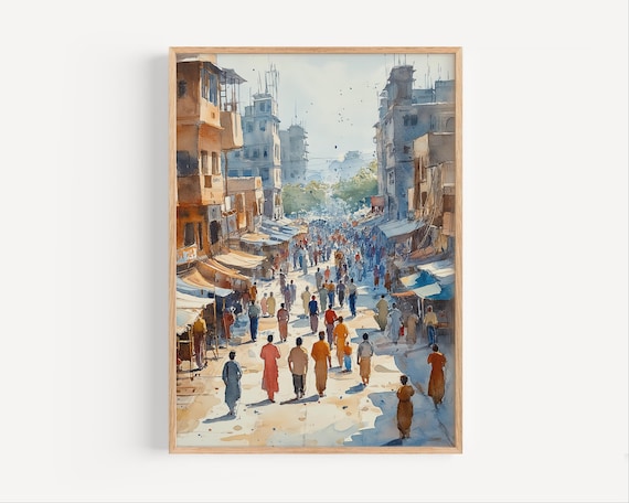 Faisalabad Pakistan Watercolor Painting Bustling Busy City Street Poster Print Or Canvas Travel Wall Art Gift South Asia Cityscape
