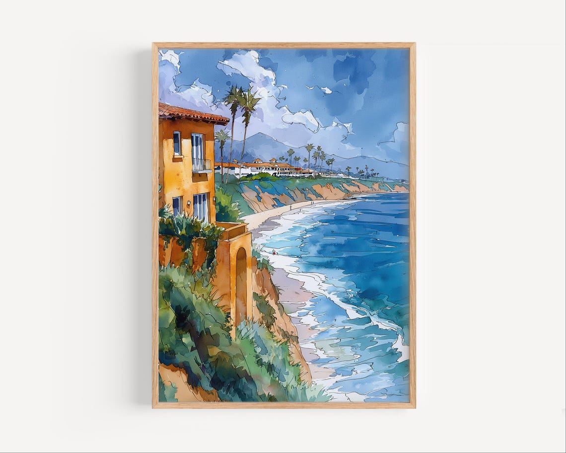 La Jolla Coastline Watercolor Painting Cliffside Beach Surf Poster