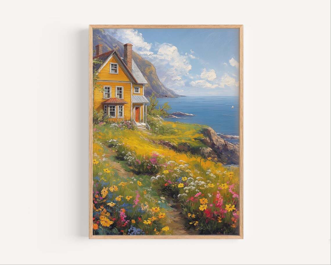 Alaska Yellow Coastal House Wildflowers Ocean View Painting Poster