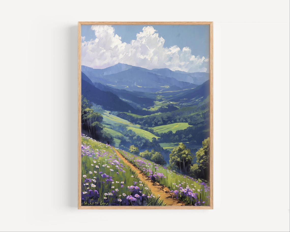 Mountain Valley Trail Through Wildflowers Scenic Oil Painting Poster