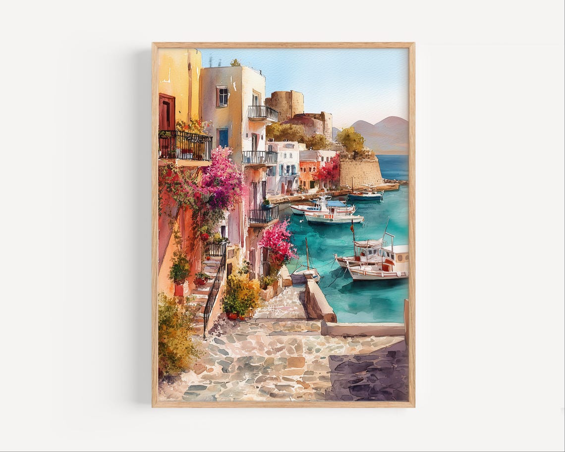 Rethymno Greece Old Harbor Boats Bougainvillea Watercolor Poster