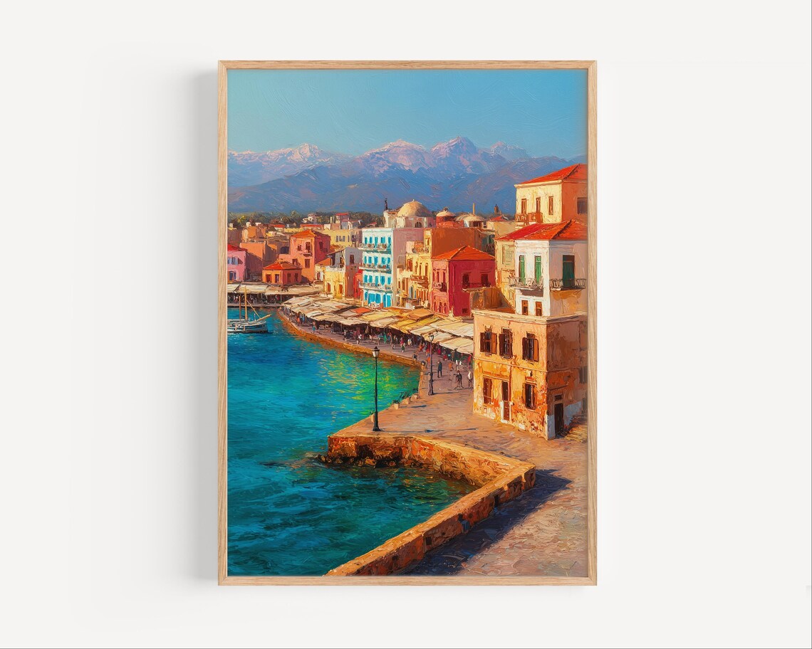 Chania Crete Waterfront Pastel Houses Turquoise Bay Greece Travel Poster