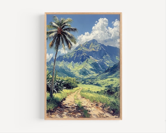 Tropical Hawaiian Palm Tree Mountain Path Oil Painting Travel Poster
