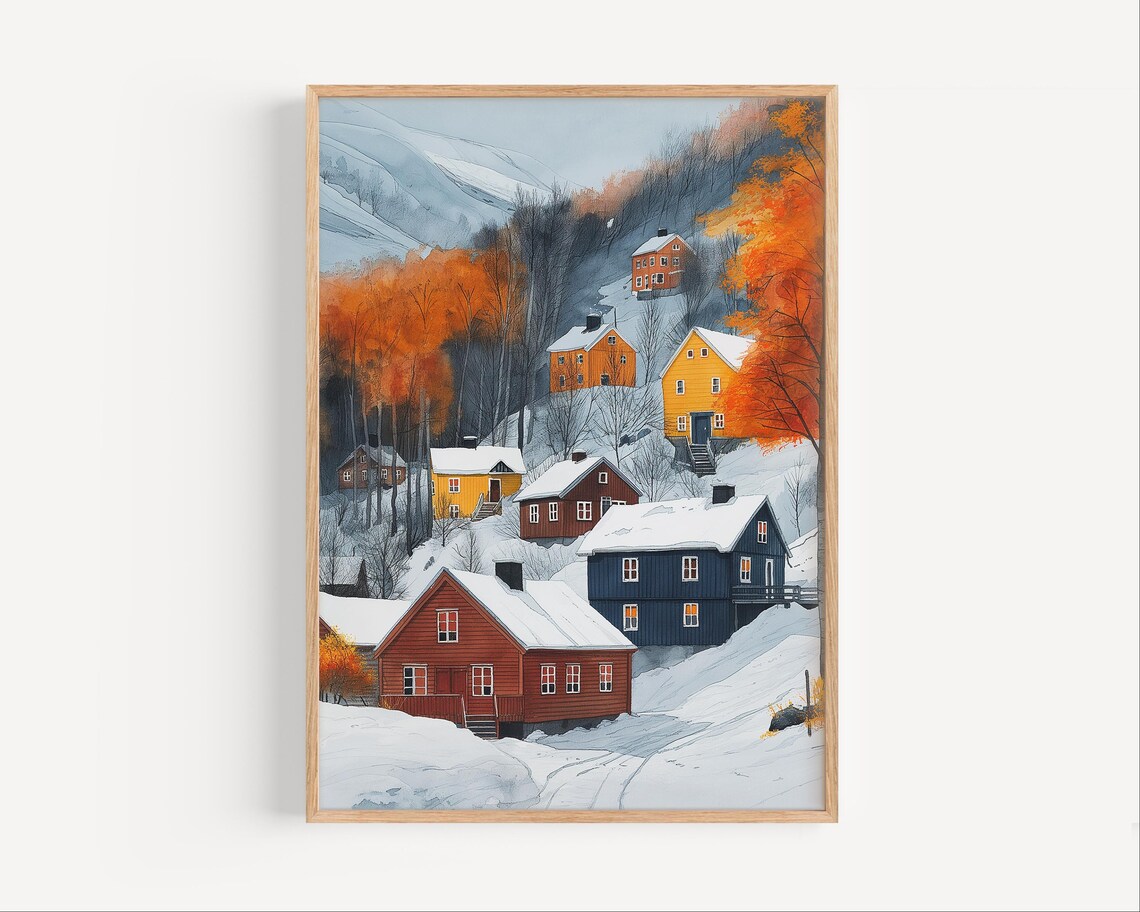 Winter Norwegian Village Colorful Cabins Fjord Watercolor Poster