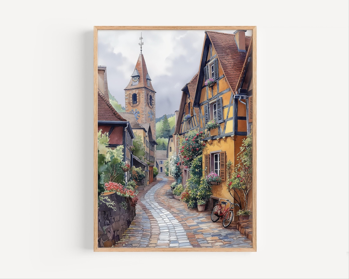Eguisheim France Cobblestone Street Church Bicycle Watercolor Poster
