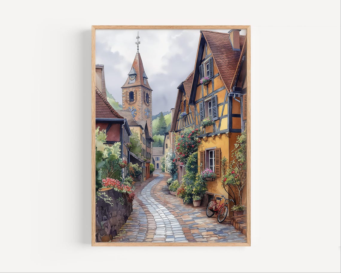 Eguisheim France Watercolor Painting Poster Or Canvas Print Alsace Travel Wall Art Gift French Halftimbered House
