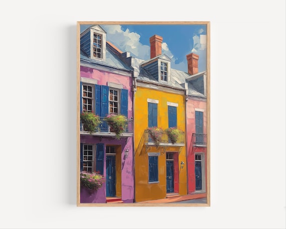 French Quarter New Orleans Colorful Townhouses Oil Painting Poster