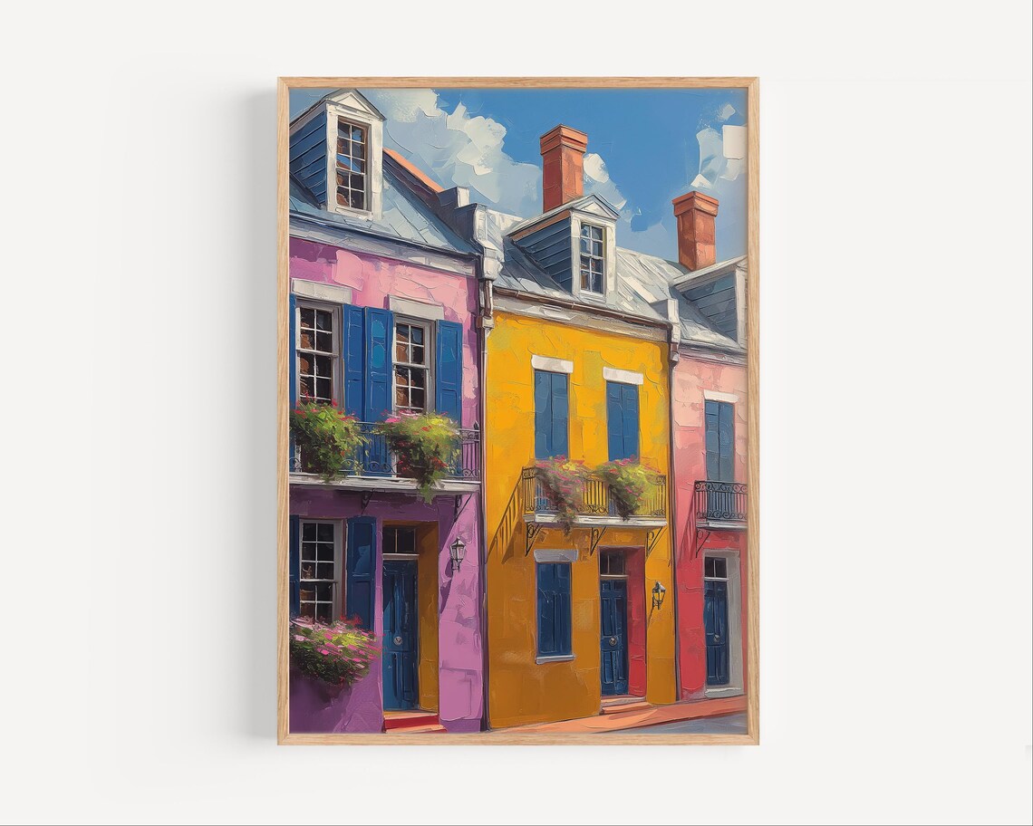 French Quarter New Orleans Colorful Townhouses Oil Painting Poster