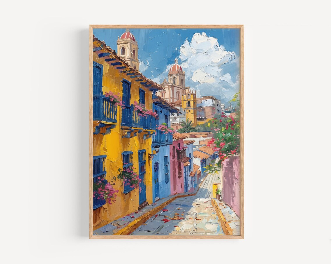 Vibrant Colonial Street Yellow Blue Buildings Church Towers Oil Poster