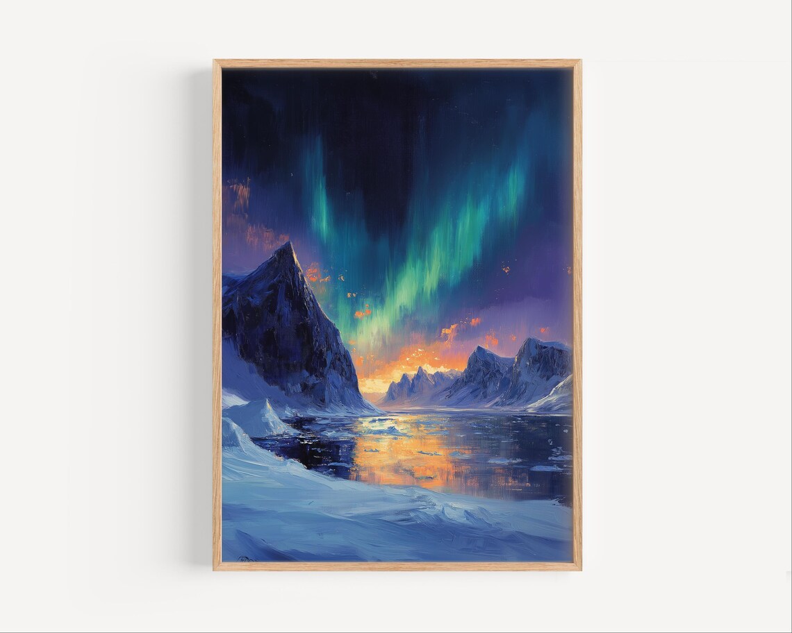 Northern Lights Aurora Arctic Snow Peaks Night Sky Oil Painting Poster