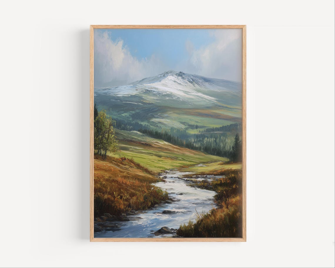 Alpine Stream Toward Snow Capped Peak Autumn Oil Painting Poster