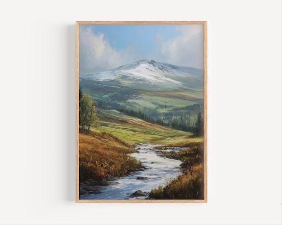 Alpine Stream Toward Snow Capped Peak Autumn Oil Painting Poster