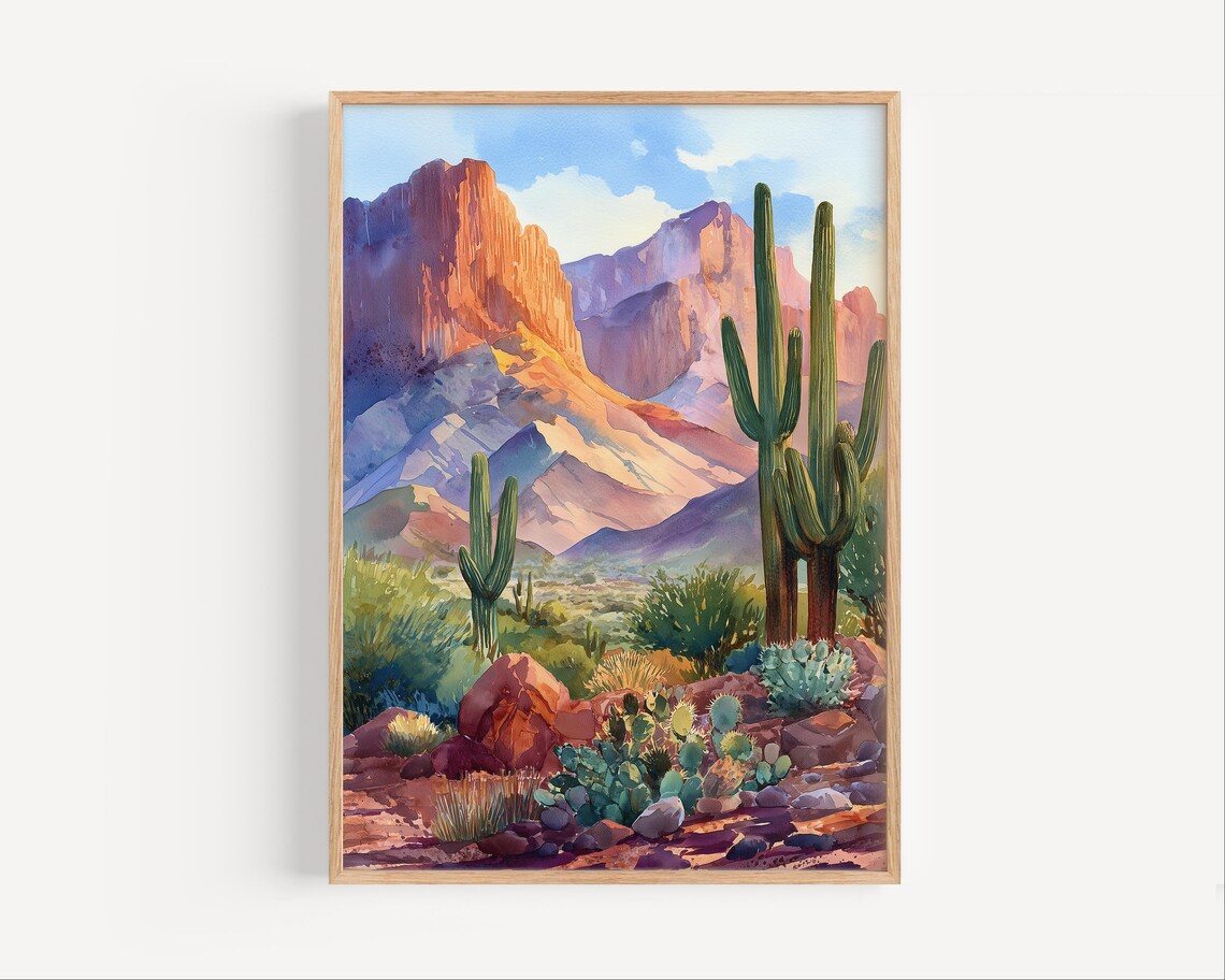 New Mexico Red Rock Desert Landscape with Towering Saguaro Cacti Poster